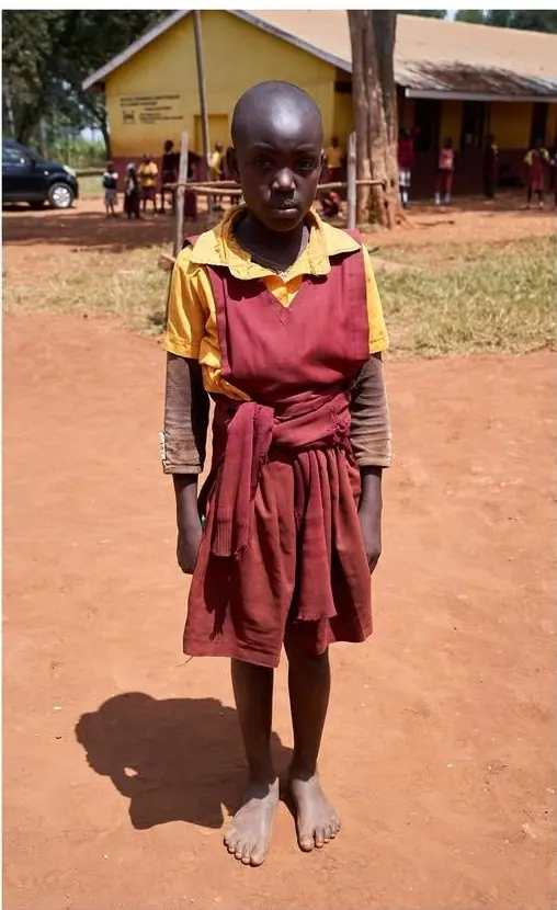 Before: a learner barefoot in a worn, improvised uniform